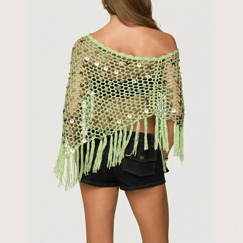 Argeousgor Women Sheer Poncho Top Lightweight Knit Crochet Shrug Bolero Mesh Batwing Sleeve Sweater Cover Up Beachwear - Image 4